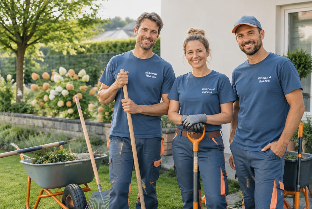 Menschen in blauer Arbeitskleidung mit Hildebrand-Markovic-Schriftzug